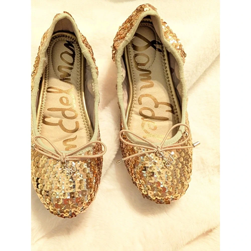 Sam Edelman Gold Sequin Ballet Flats Embellished Bow Sparkle Party Shoes Girls 2